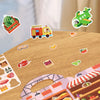 A colorful illustration of a wooden play mat featuring various food items and stickers for a children's activity book.