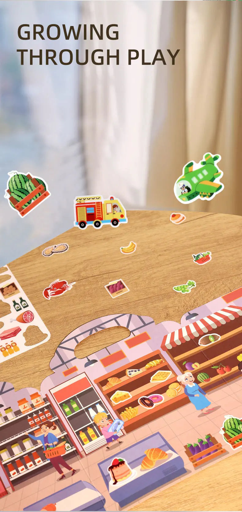 A colorful illustration of a wooden play mat featuring various food items and stickers for a children's activity book.
