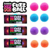 A collection of five felt fuzz balls in various colors including pink, blue, purple, and orange.