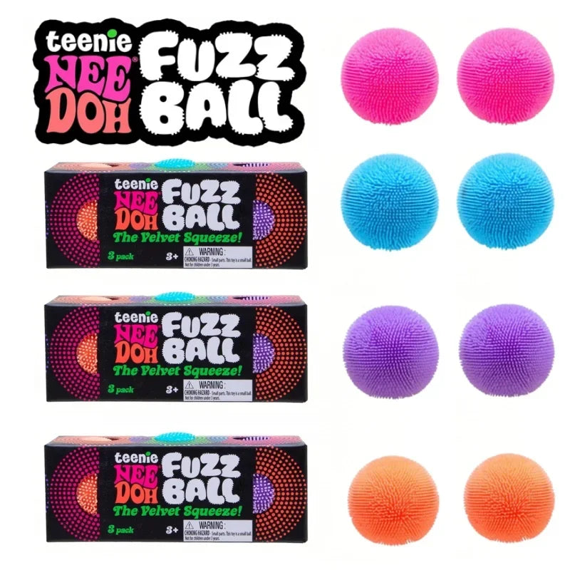 A collection of five felt fuzz balls in various colors including pink, blue, purple, and orange.