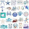 A collection of ocean-themed stickers featuring starfish, sea creatures like crabs and shrimp, and seashells.