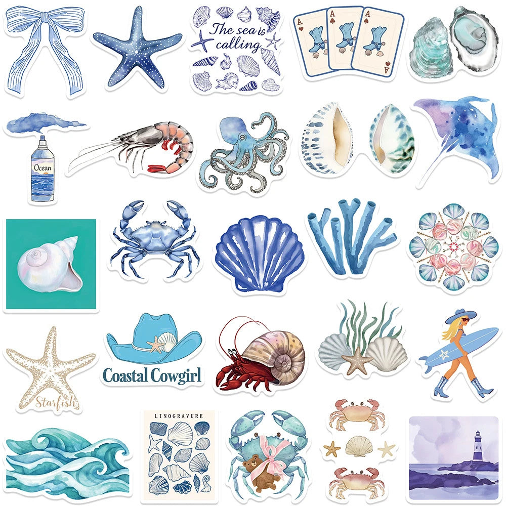 A collection of ocean-themed stickers featuring starfish, sea creatures like crabs and shrimp, and seashells.