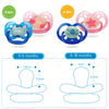 A set of soft silicone baby pacifiers and soothers for infants, shown in various sizes and developmental stages.