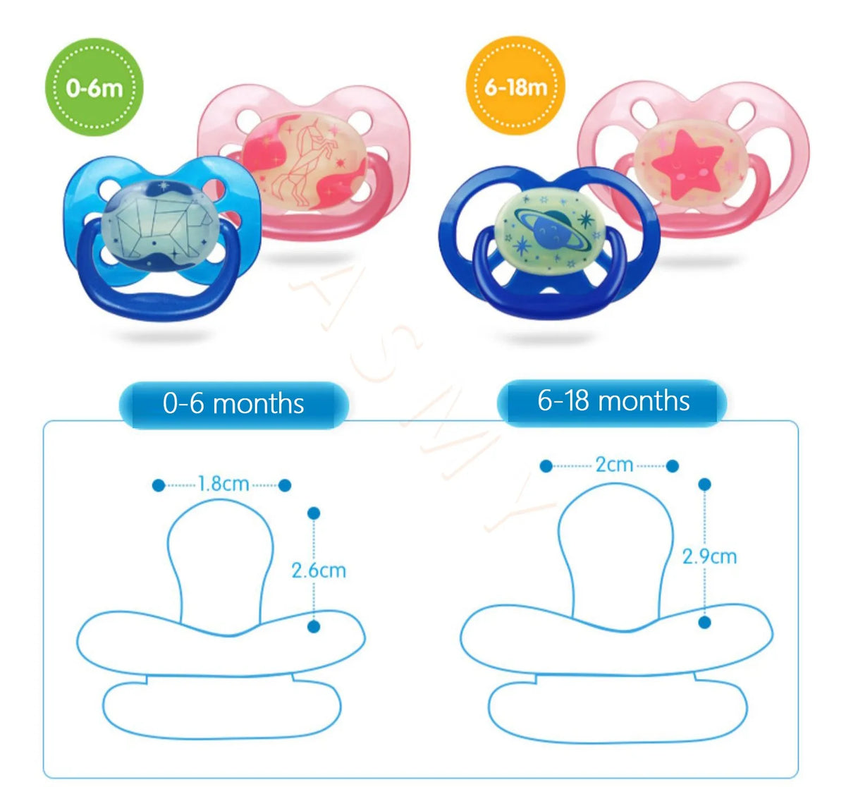 A set of soft silicone baby pacifiers and soothers for infants, shown in various sizes and developmental stages.