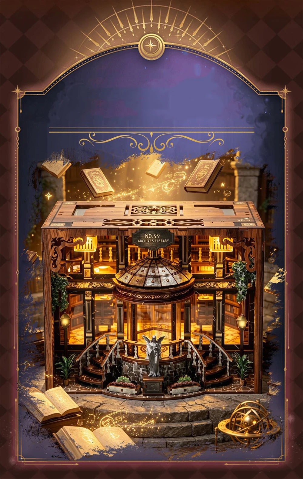 A detailed miniature library model of a wooden book nook with internal lighting and decorative elements.