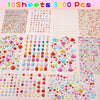A collection of 10 sheets containing 3000 acrylic gem stickers in various colors and shapes for crafts