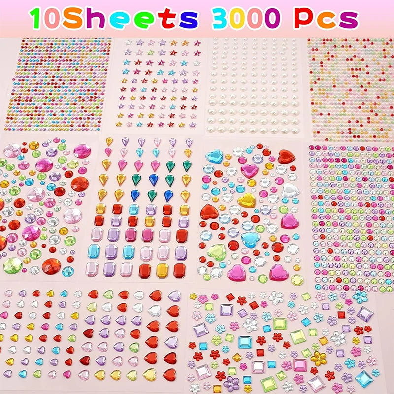 A collection of 10 sheets containing 3000 acrylic gem stickers in various colors and shapes for crafts