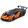 Orange Lamborghini Essenza SCV12 diecast model car with black accents and spoiler