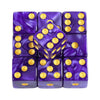 A set of ten purple marble acrylic dice, each featuring gold dots, arranged in a row.