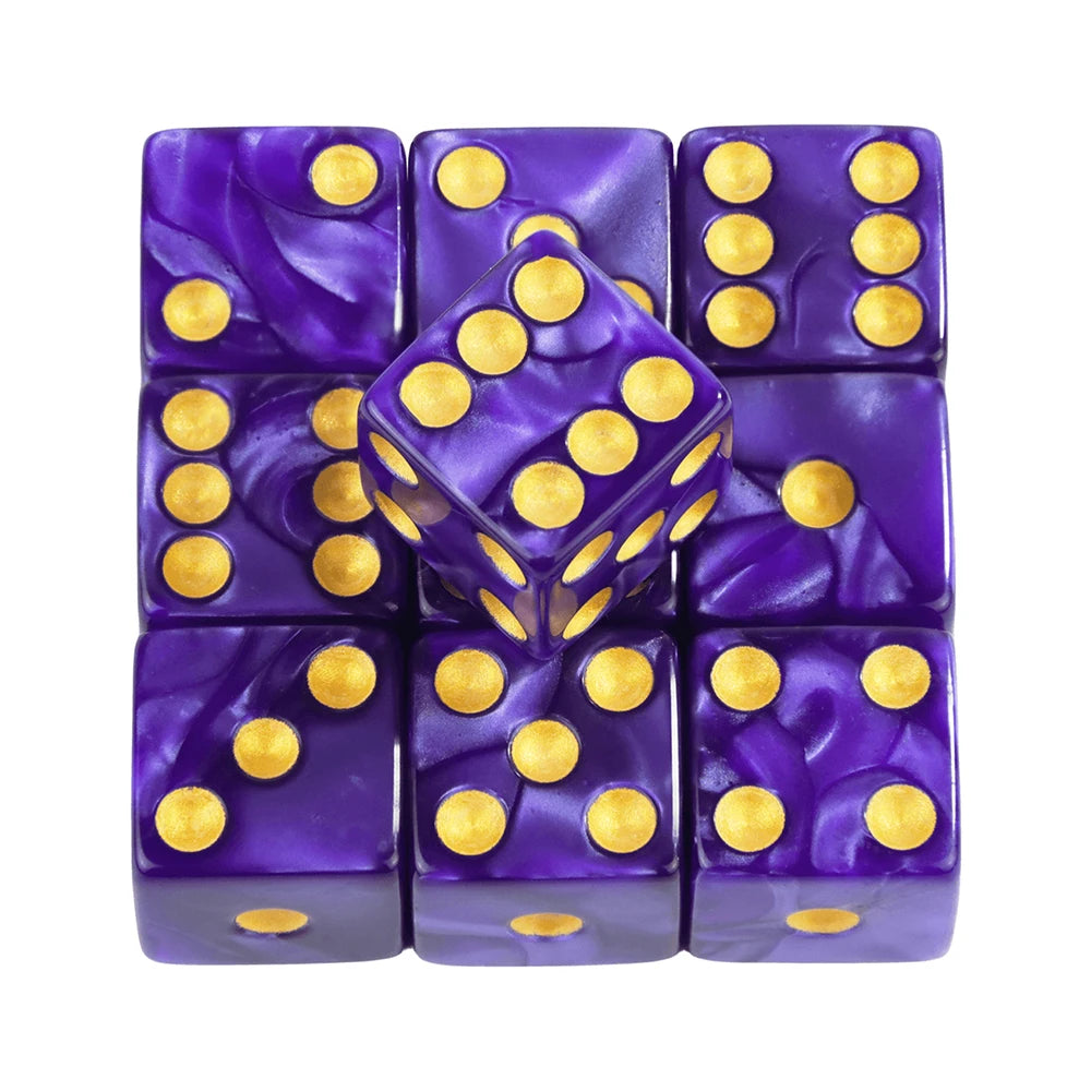 A set of ten purple marble acrylic dice, each featuring gold dots, arranged in a row.