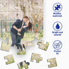 A custom photo puzzle shows a couple kissing, featuring bright and colorful wooden materials.