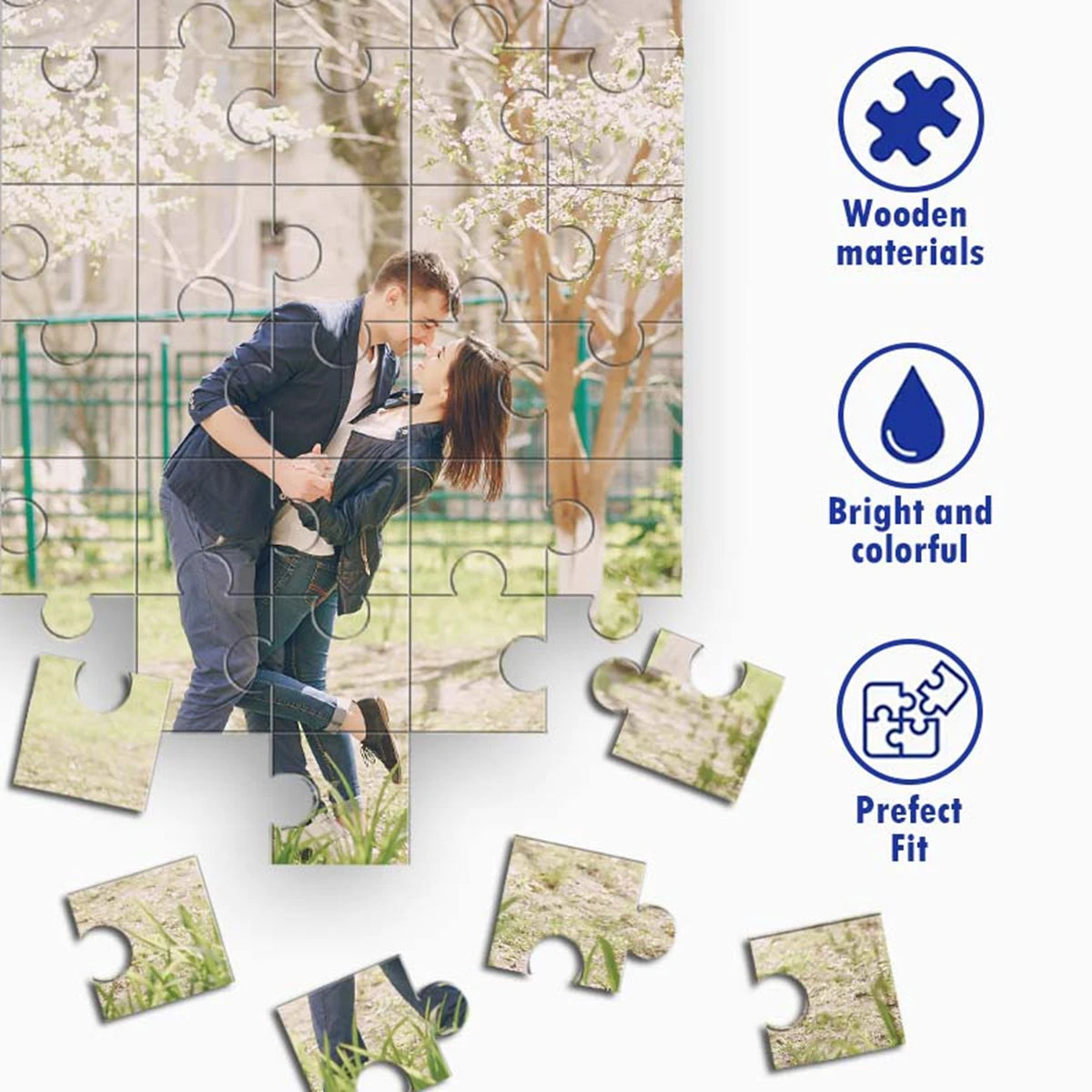 A custom photo puzzle shows a couple kissing, featuring bright and colorful wooden materials.