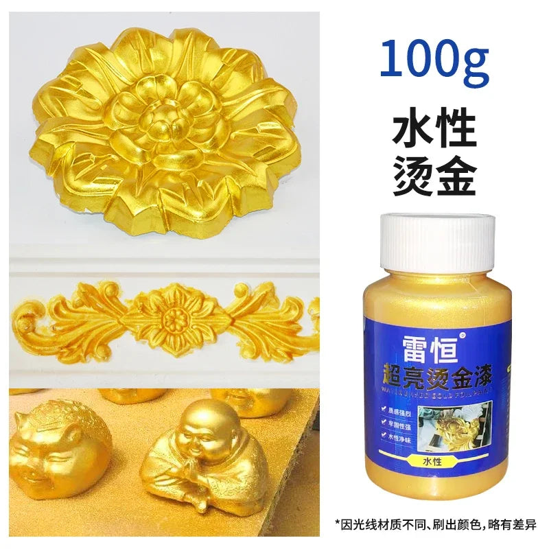 A bottle of water-based glitter paint with gold and silver sparkle, showing a flower-shaped product and a golden Buddha figur