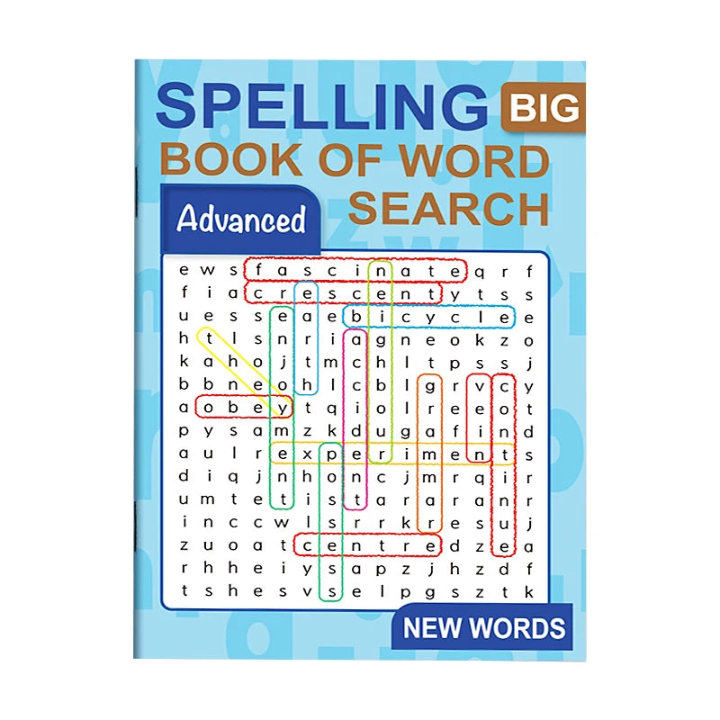 A colorful book titled Spelling Big Book of Word Search Advanced Search with new words and puzzles.