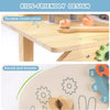 Close-up of a wooden kids workbench showing durable construction and round, smooth edges for children's use.