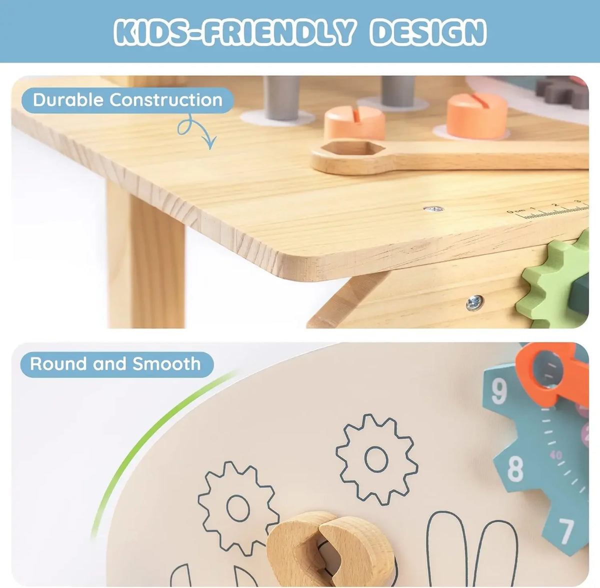Close-up of a wooden kids workbench showing durable construction and round, smooth edges for children's use.