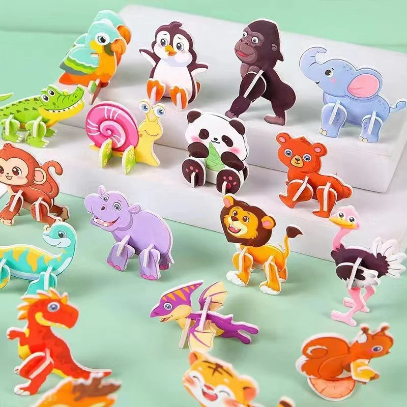 A collection of colorful 3D DIY cardboard puzzle set featuring various animals, dinosaurs, insects, and vehicles.