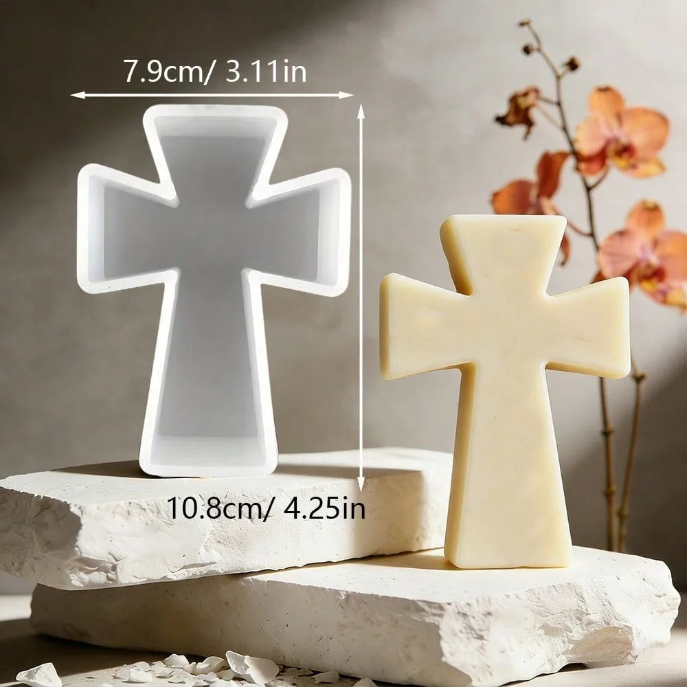A clear silicone mold shaped like a cross is shown next to a translucent yellow block, with dimensions provided.