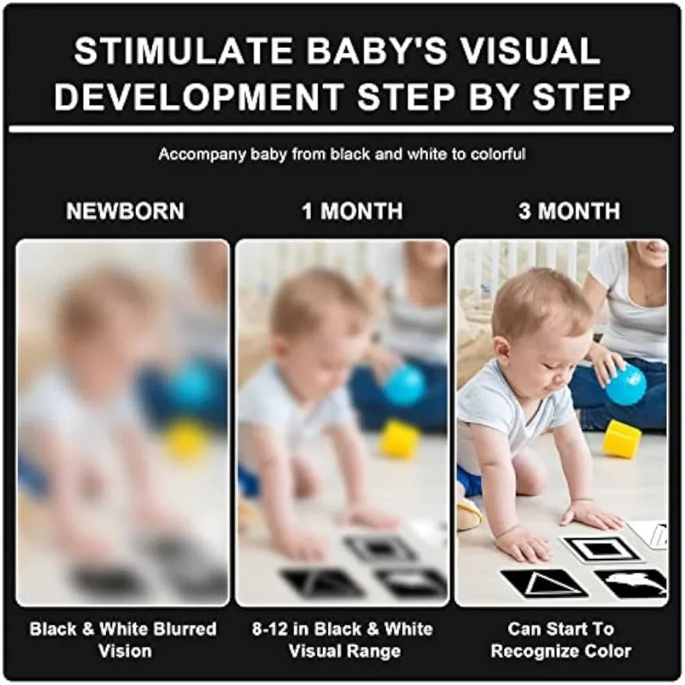 Visual development cards for babies showing black and white to color progression from newborn to three months