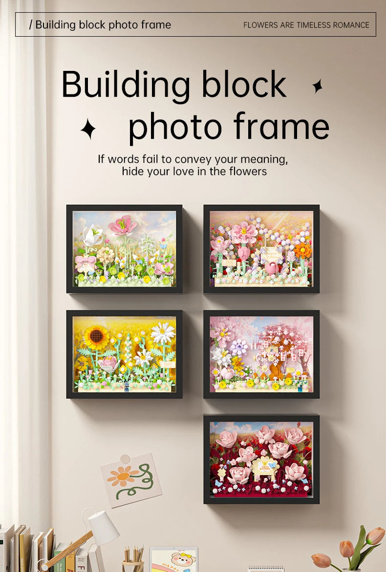 A display of five framed photos featuring flowers and nature scenes, used as a building block photo frame.
