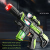 A motorized toy gun with a telescoping barrel tip and lights and sound effects, featuring green and black components.