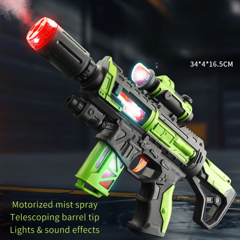 A motorized toy gun with a telescoping barrel tip and lights and sound effects, featuring green and black components.