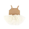 A beige knitted top and ruffled white skirt set for a baby doll.