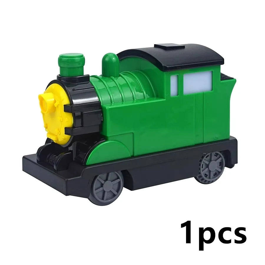 A green and black toy train locomotive with yellow details, a large building block traffic vehicle set for kids.