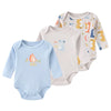 A set of three light blue and beige cotton baby bodysuits with long sleeves featuring cute animal designs.