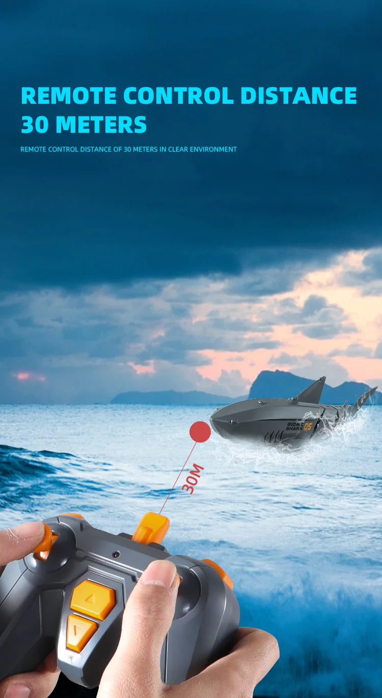 A hand holds a remote control for a swimming shark toy, demonstrating a 30-meter distance.