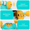 A yellow and teal interactive crab toy showing features like an obstacle avoidance sensor, multifunction switch, and battery 