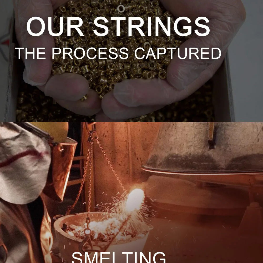 Close-up of hands holding a bundle of guitar strings with the text Our Strings The Process Captured and an image of metal sme