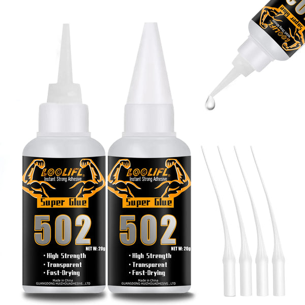 Botella de Super Glue 502 adhesivo instantáneo fuerte con punta de gotero blanco y aplicador separado al lado.