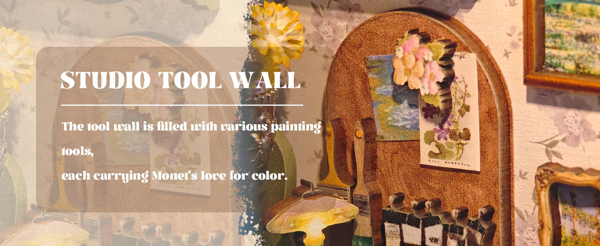 A wooden art studio wall filled with various painting tools and miniature works inspired by Monet.