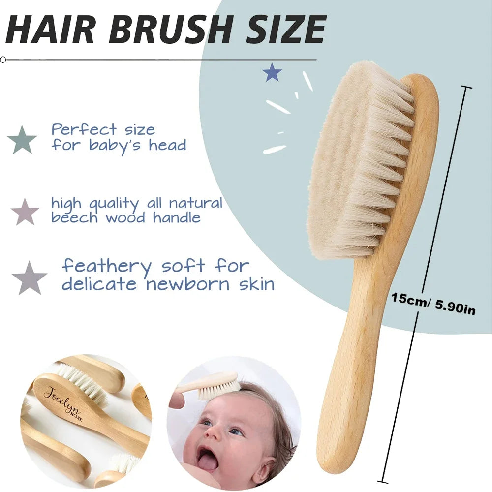 A wooden baby hair brush and comb set with a natural beech wood handle shown next to an infant's head.