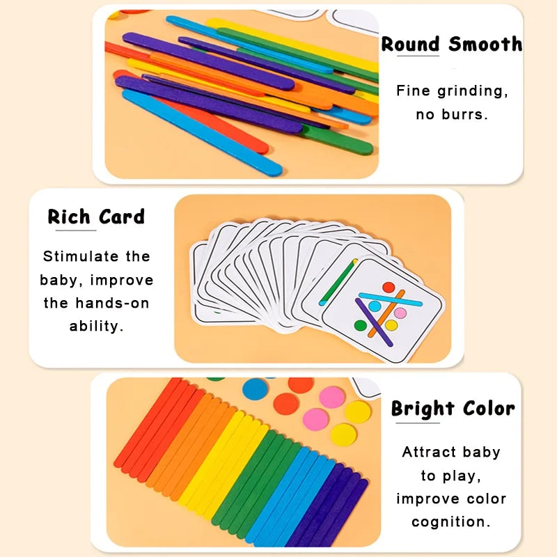 Rainbow stick puzzle game showing round smooth sticks, rich cards, and bright color sorting sticks.
