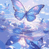 A blue butterfly painted on canvas floats above shimmering water droplets.
