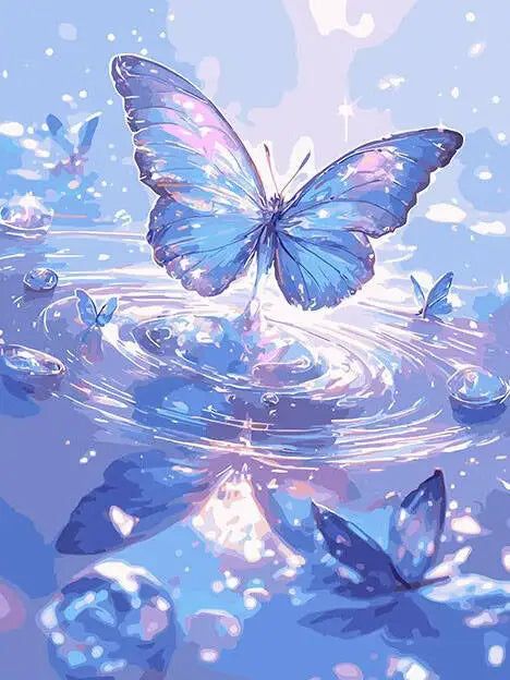 A blue butterfly painted on canvas floats above shimmering water droplets.