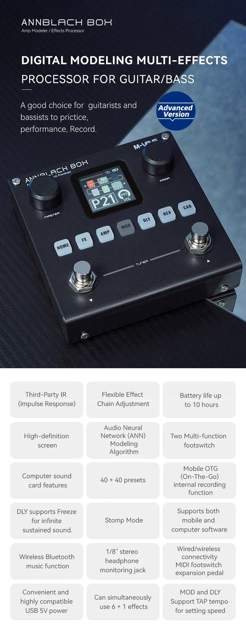 Digital multi-effects processor for guitar/bass featuring a digital screen and various controls.