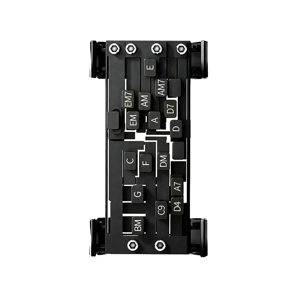 A black beginner guitar chord trainer with various labeled strings and tuning pegs.