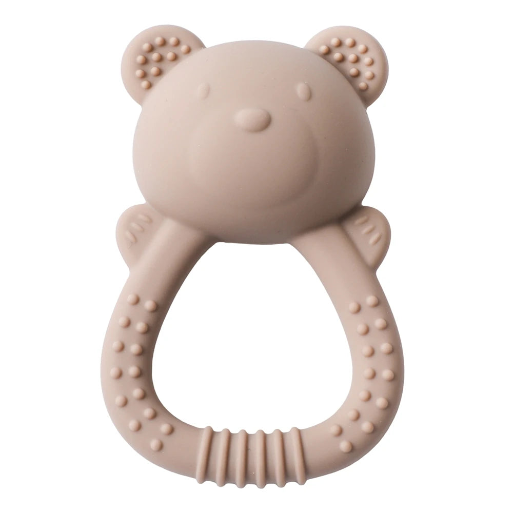 Bear-Shaped Silicone Baby Teether with Rattle Handle