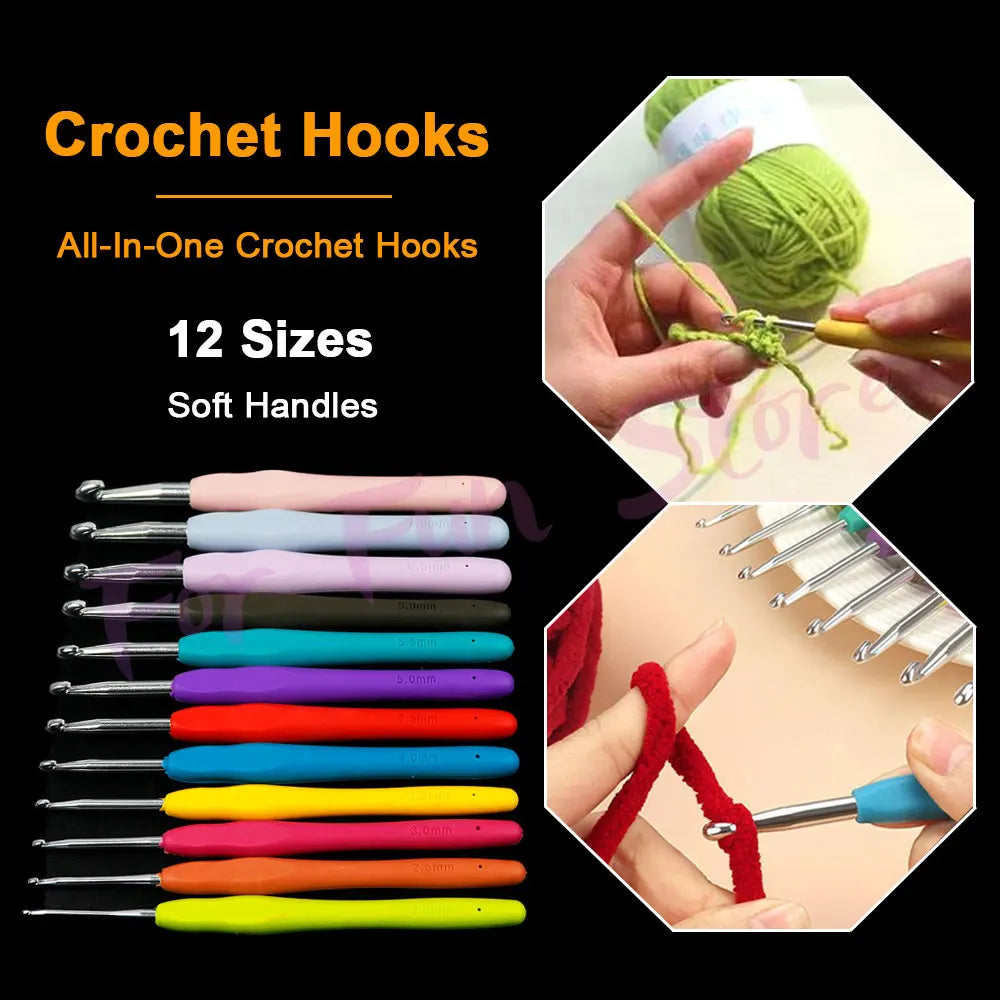 A collection of 12 crochet hooks in various sizes and colors displayed next to a ball of green yarn.
