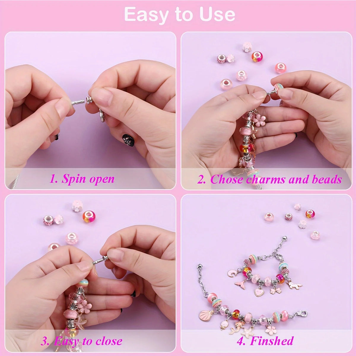 A four-step guide showing how to use a pink charm bracelet and necklace making kit to create jewelry.