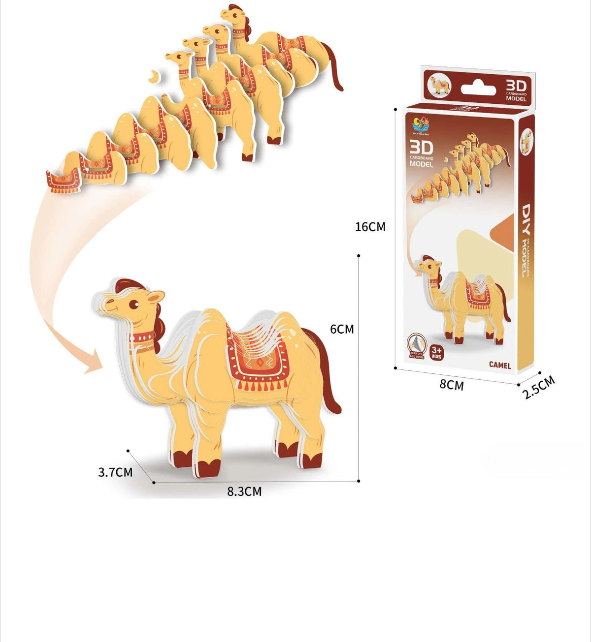 A set of 3D paper animal puzzles featuring camels and other safari animals, including a large camel model and smaller figures