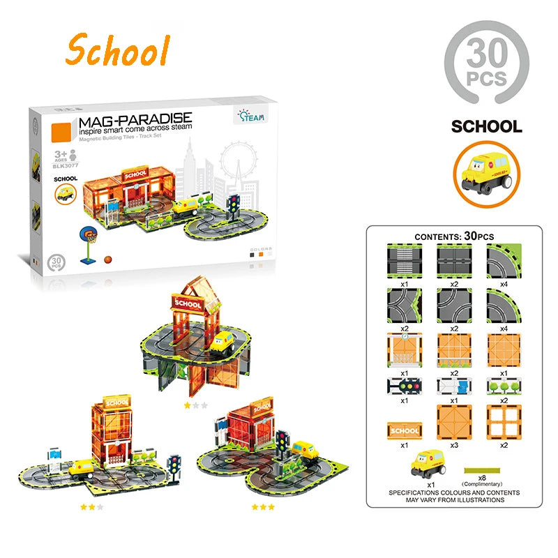 A box of MAG-PARADISE magnetic building tiles featuring a road and rail set with an electric car for school activities.