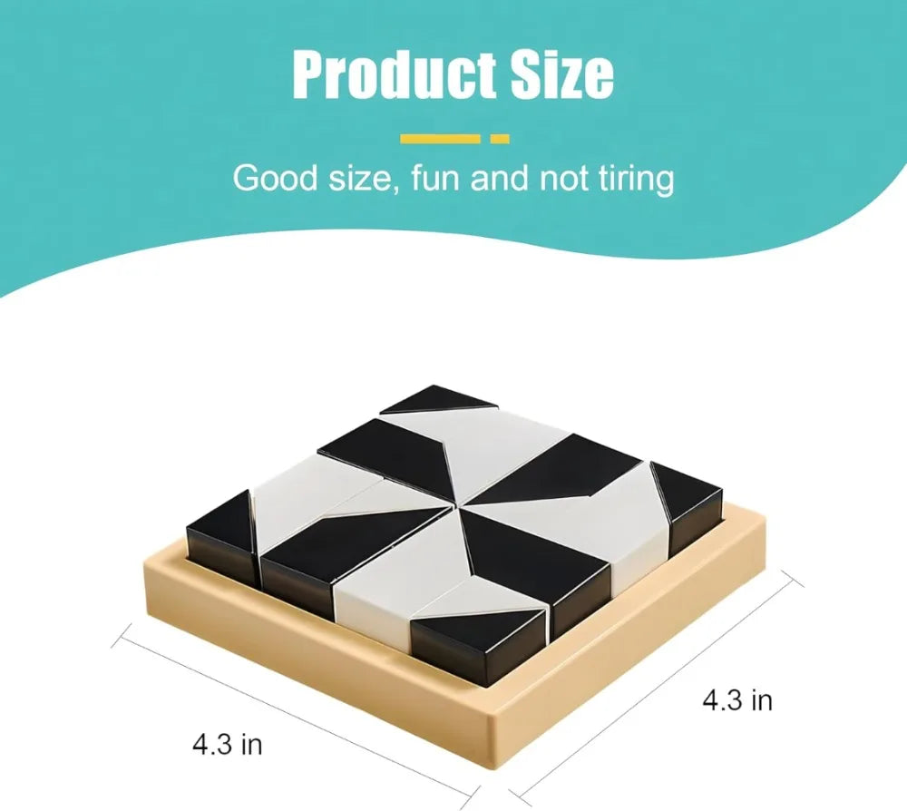 A white and black 3D block puzzle cube is shown on a wooden base.