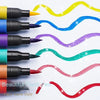 A set of colorful dual brush tip glitter markers in various shades including yellow, blue, purple, and red, demonstrating a w