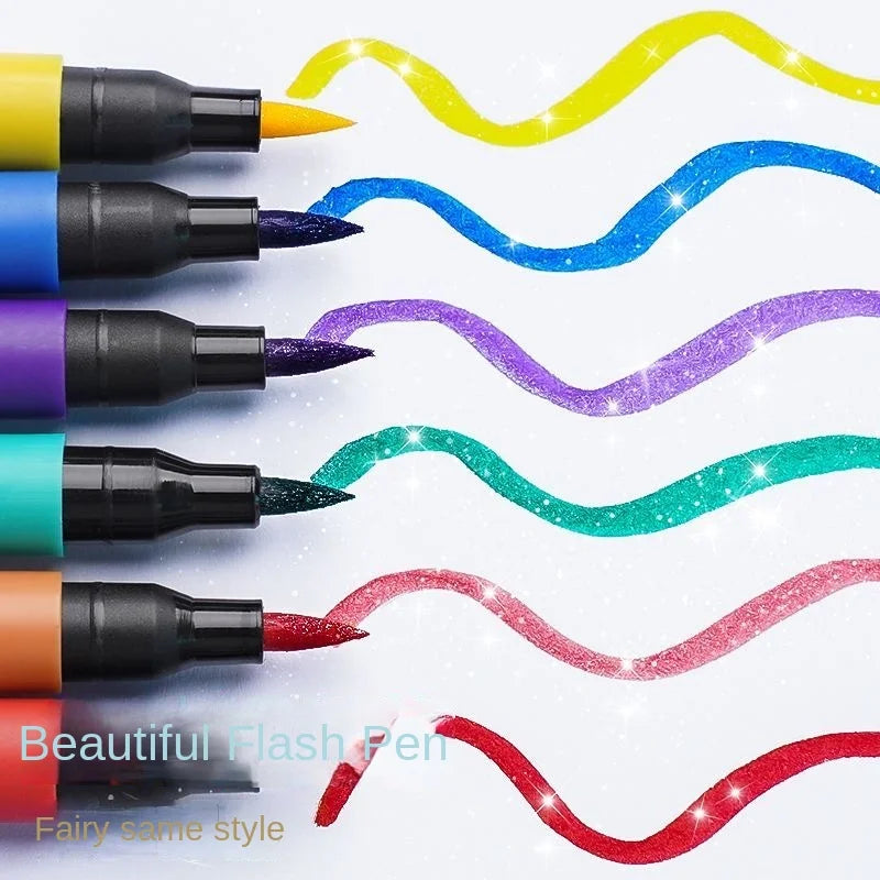 A set of colorful dual brush tip glitter markers in various shades including yellow, blue, purple, and red, demonstrating a w