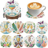 An 8-piece diamond painting coaster kit with a holder featuring various floral and fruit designs on colorful tiles.