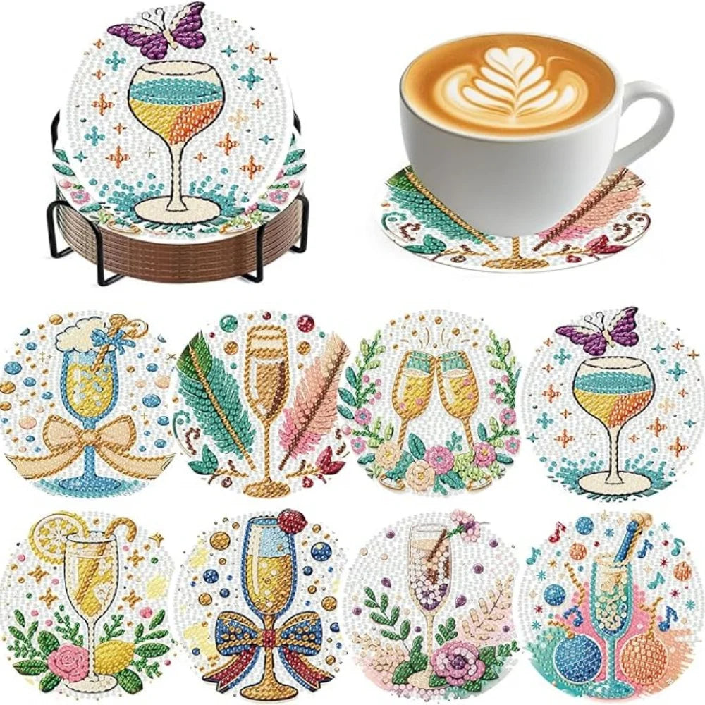 An 8-piece diamond painting coaster kit with a holder featuring various floral and fruit designs on colorful tiles.